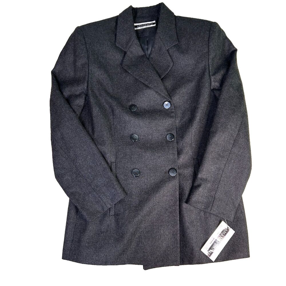 Amanda Smith Womens Size 12 100% Pure Wool Lined Pea Coat Gray Double Breasted